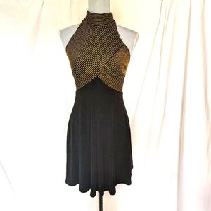 Tadashi Sexy Gold and Black Vintage  Halter Neck Mini Evening Dress size 6